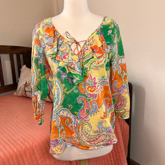 Lauren Ralph Lauren Bright Ruffled Paisley Blouse, size Medium Petite - Picture 13 of 13